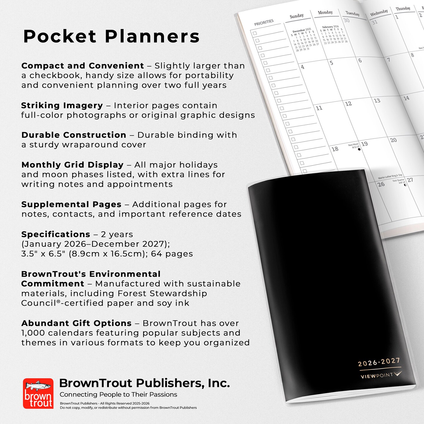 ViewPoint Black | 2026-2027 3.5 x 6.5 Inch Two Year Monthly Pocket Planner Calendar | Foil Stamped Cover