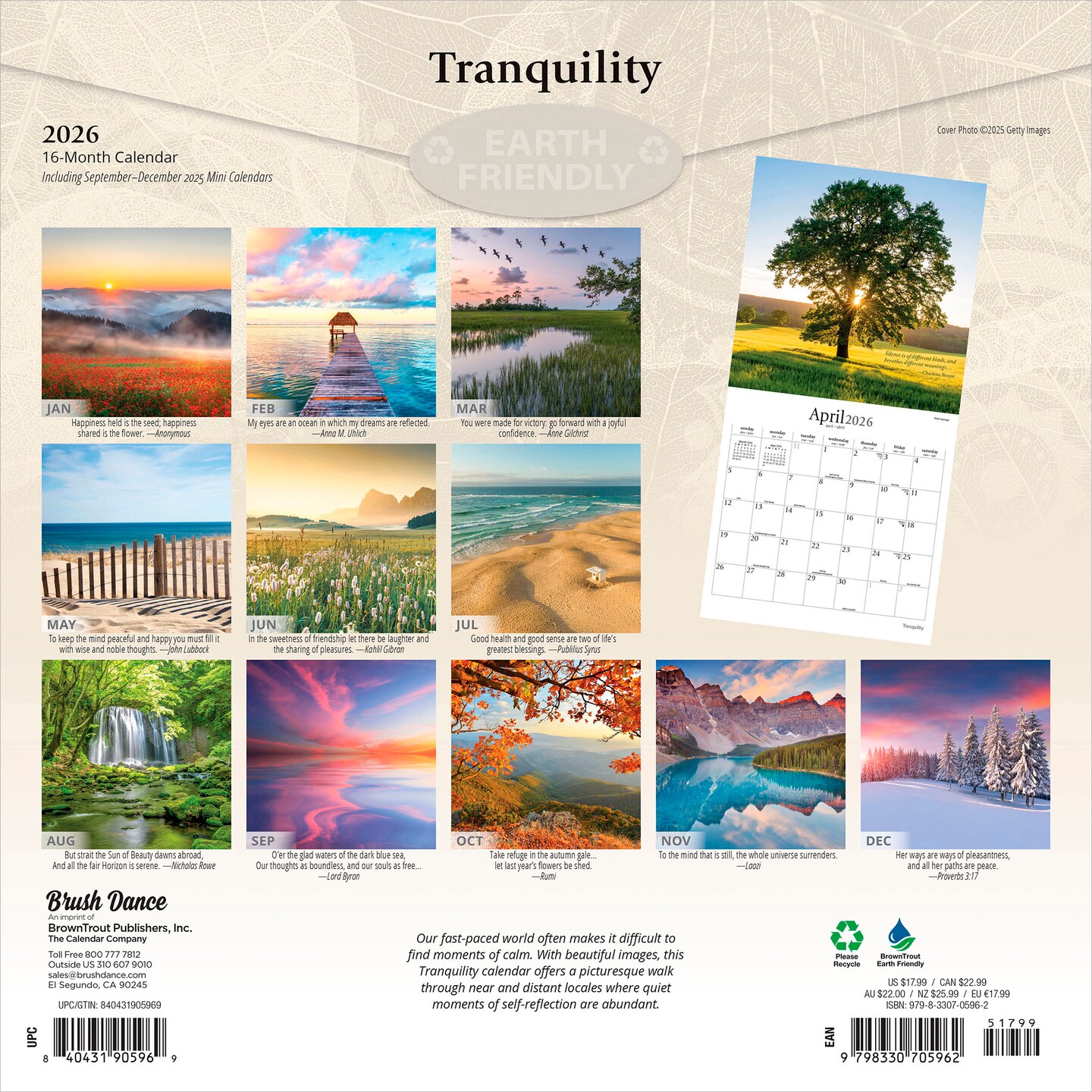 Tranquility | 2026 12 x 24 Inch (Hanging) Monthly Square Wall Calendar | Plastic-Free