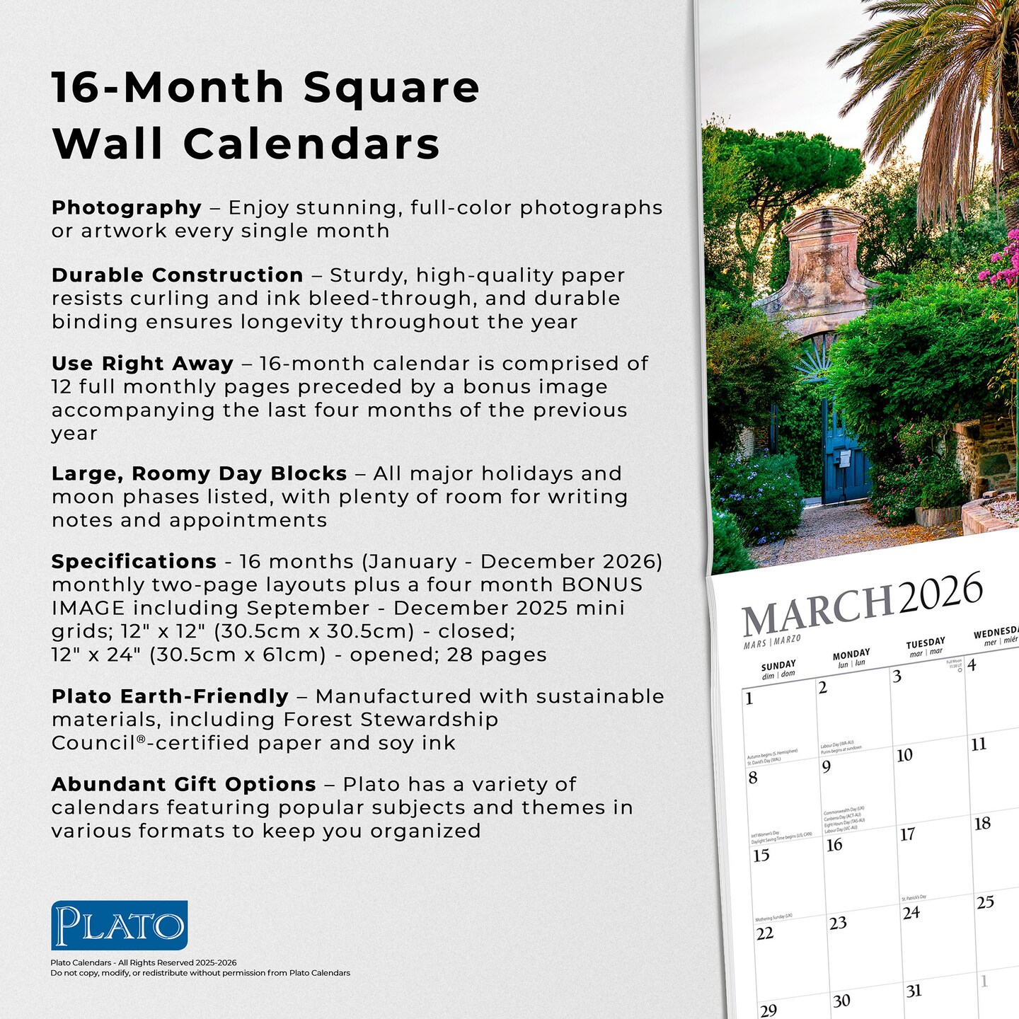 Gorgeous Gardens | 2026 12 x 24 Inch (Hanging) Monthly Square Wall Calendar | Foil Stamped Cover