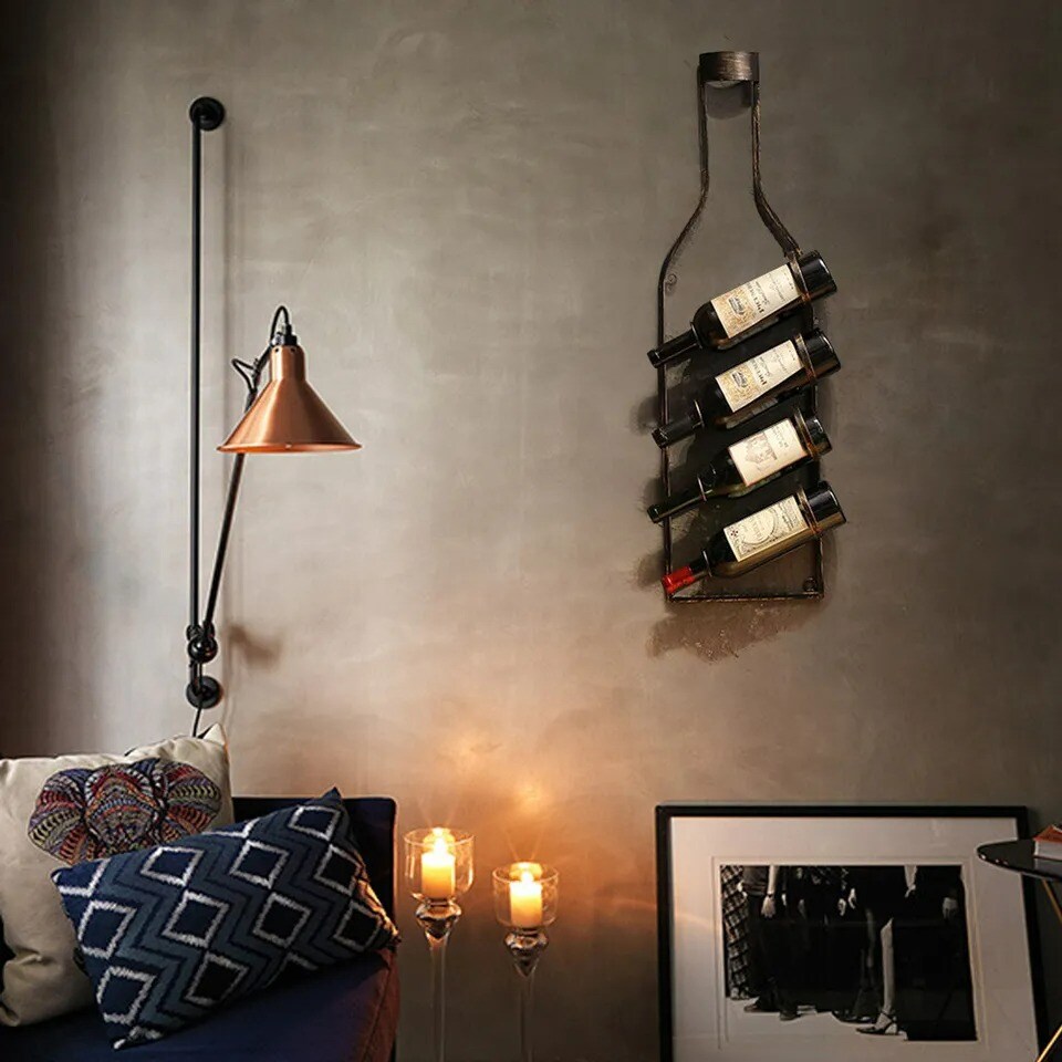 Wine Rack Wall Mounted, Bottle-Shaped Metal Hanging Wall Wine Rack Bronze