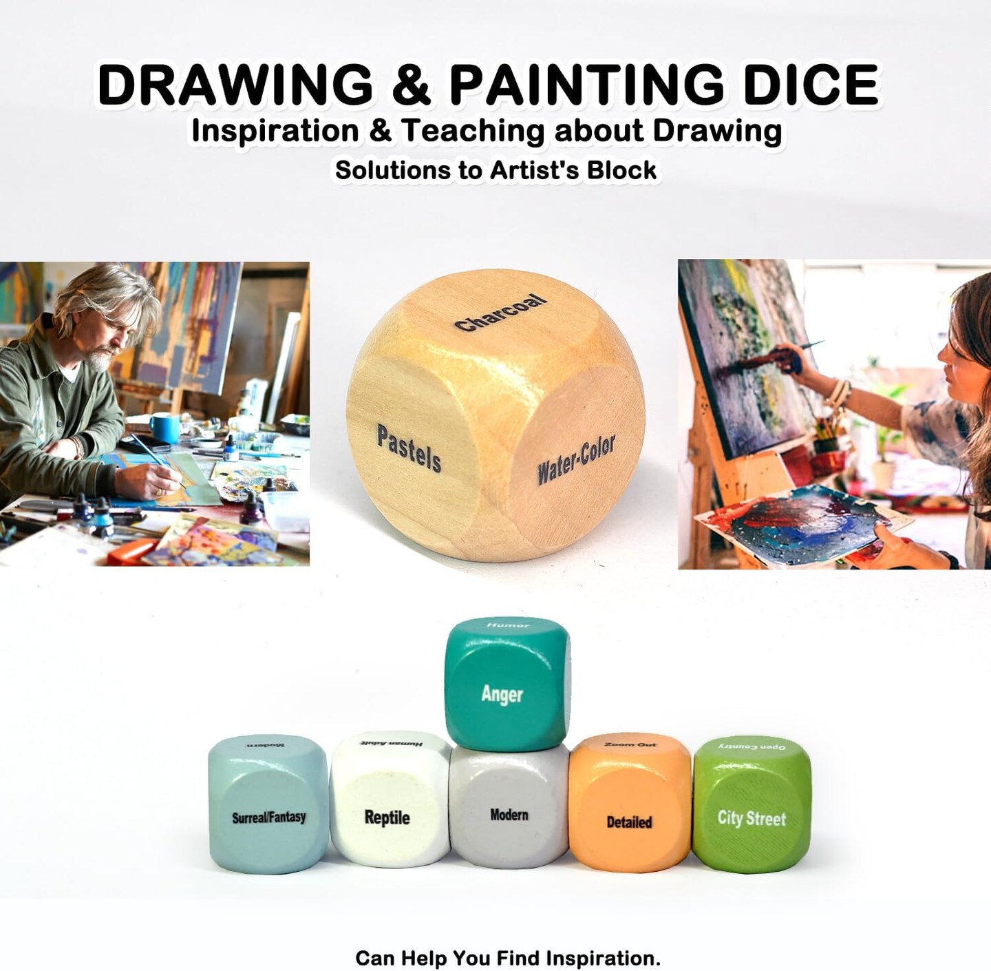 Drawing and Painting Art Dice Game for Artists, Teachers, and Students, A Solution to the Artist's Bottleneck, Set of 10 Wooden Dice for Creative Inspiration in the Studio and Classroom - Gift for Artists.