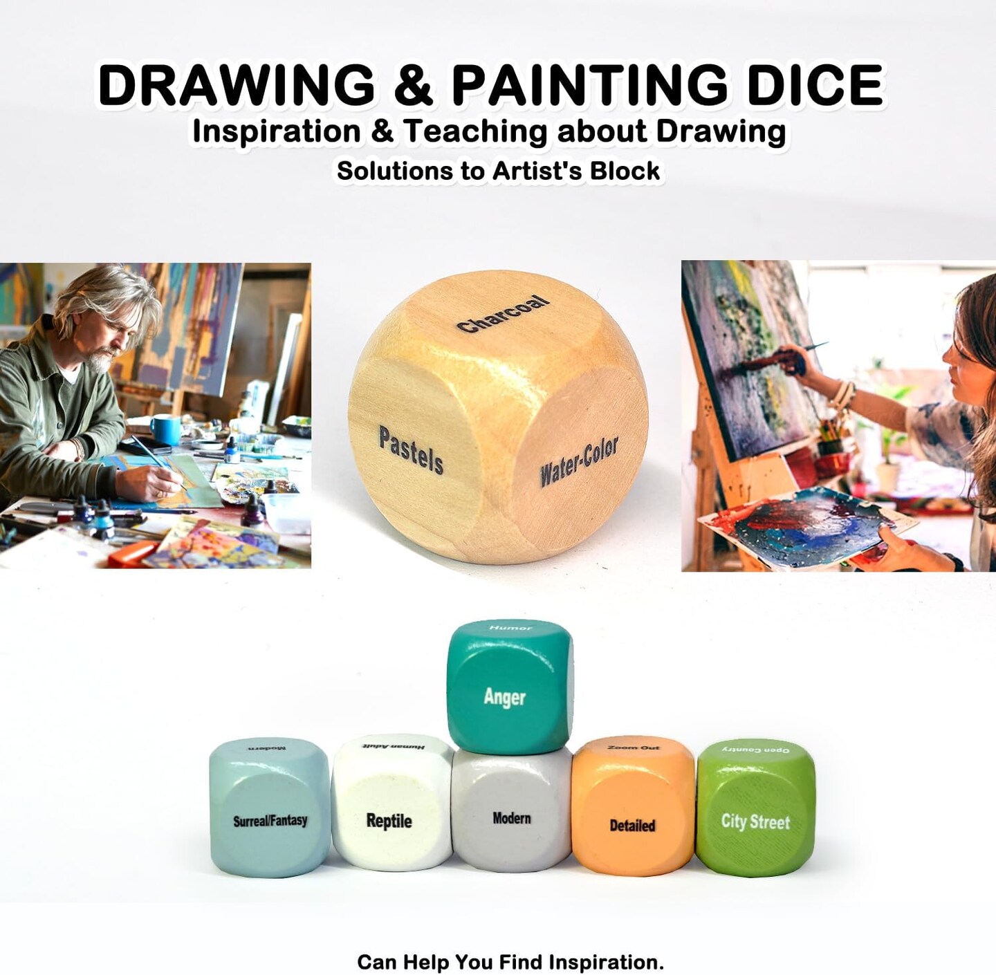 Drawing and Painting Art Dice Game for Artists, Teachers, and Students, A Solution to the Artist&#x27;s Bottleneck, Set of 10 Wooden Dice for Creative Inspiration in the Studio and Classroom - Gift for Artists.