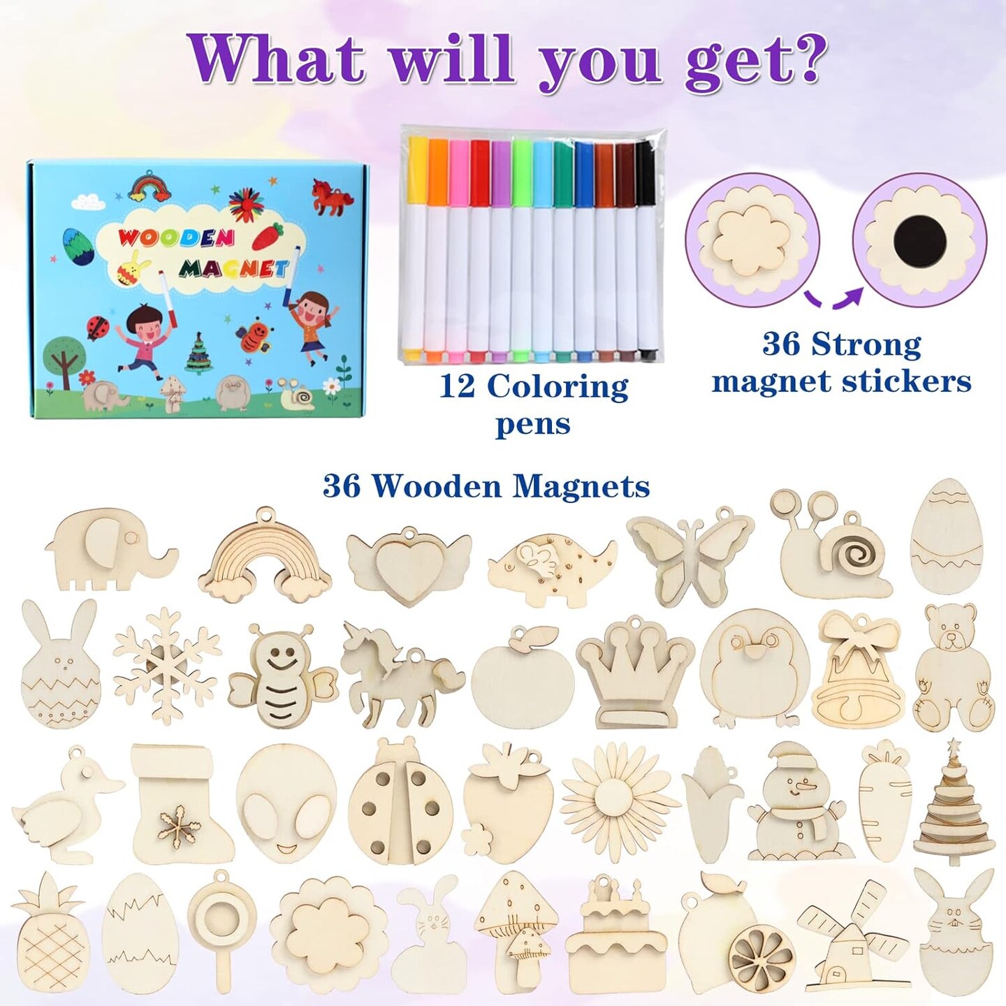 DIY Wooden Magnets, 36 pcs Wooden Art Craft Supplies Painting Kit for Kids Party Favours for Boys Girls Ages 4-8 (8-12) Birthday Easter Crafts Gifts Toys Basket Goodie Bag Stuffers