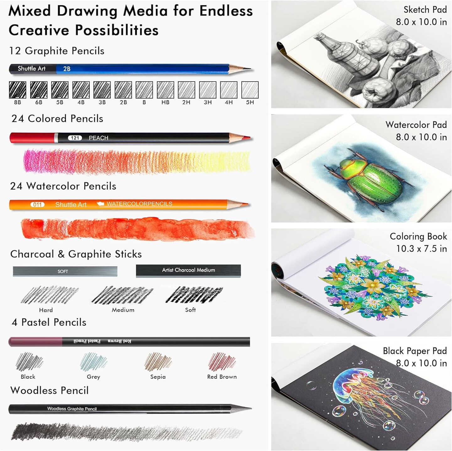 Art 116 PCS Drawing Kit, Complete Drawing Supplies with Sketch Pencils, Colored Pencils, Graphite, Charcoal Sticks, Professional Drawing Tools, and Paper Pads for Artists, Beginners, and Children