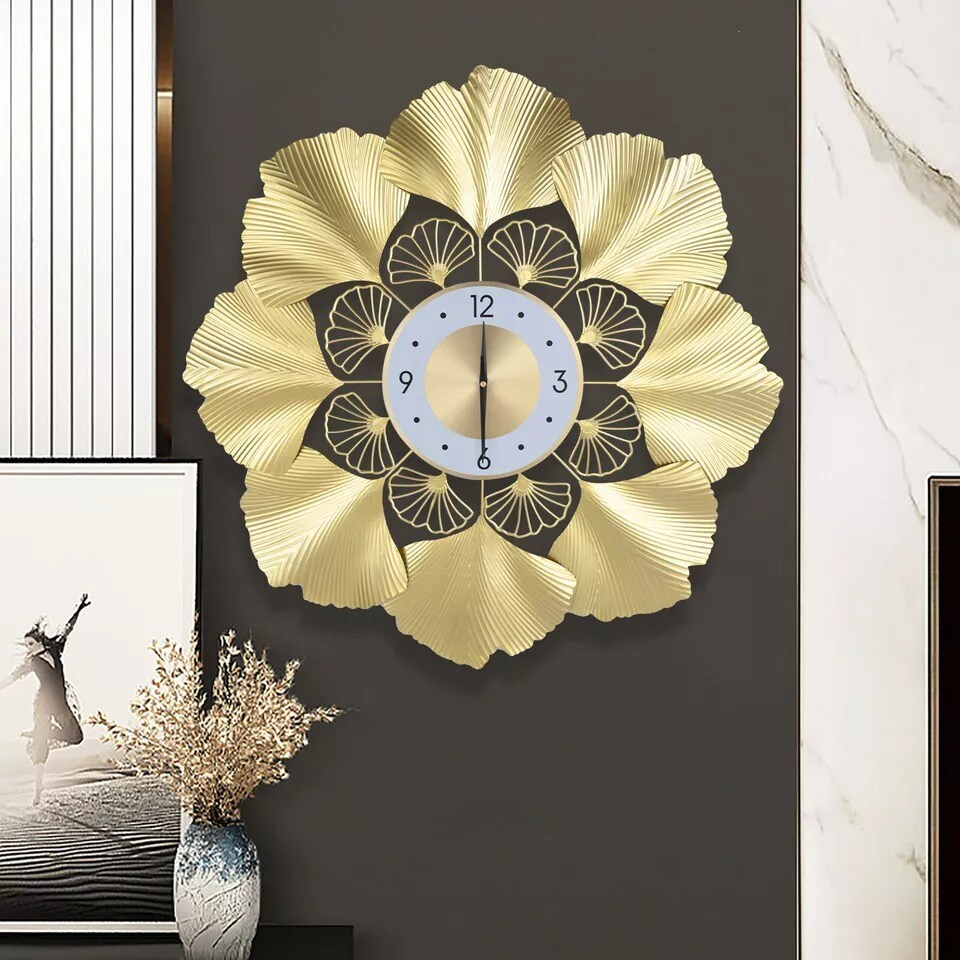 70cm Gold Round Ginkgo Biloba Wall Clock Large Wall Watch Living Room Home Decor