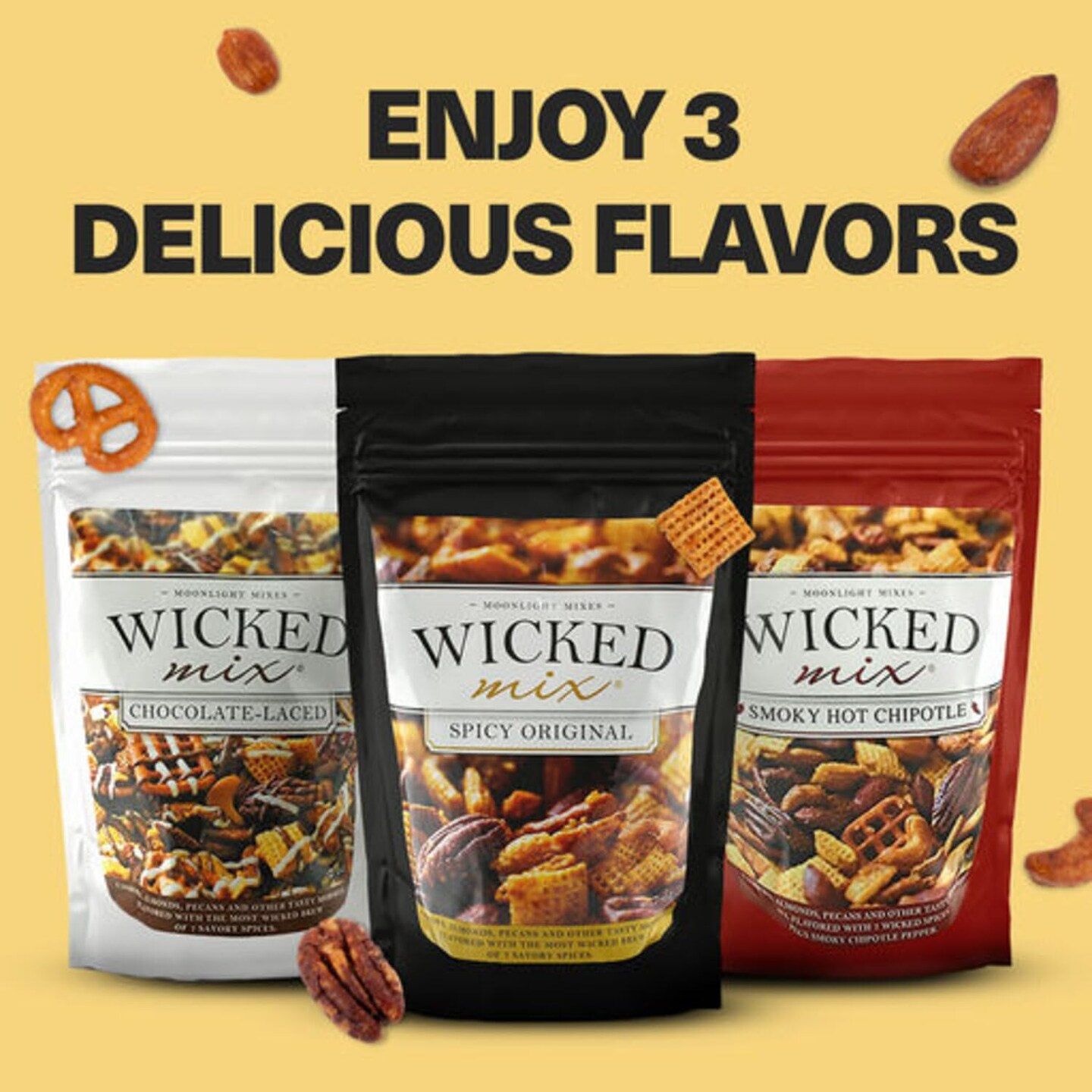 Wicked Mix Snack Mix with Mixed Nuts, Sweet and Salty Trail Mix Snack Packs with Almonds, Cashews, Pretzels, Pecans - Healthy Snacks Zero Trans Fat (Original Mix, Pack of 3)