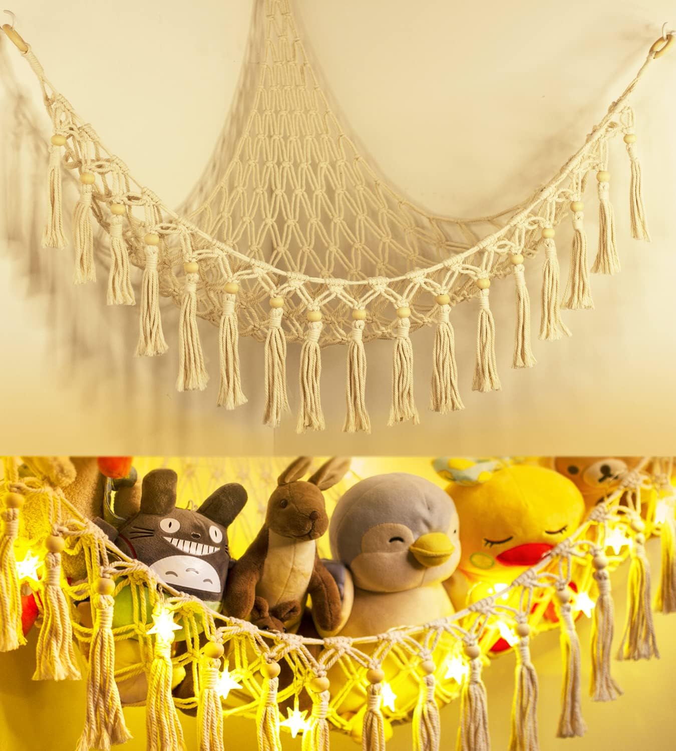 Cute Hanging Plushie Net Kids Nursery Bedroom Room Decor Macrame Jumbo Doll Corner Stuffed Animals Organizer Decorations Stuffed Animal Toy Storage Hammock with LED Light Michaels