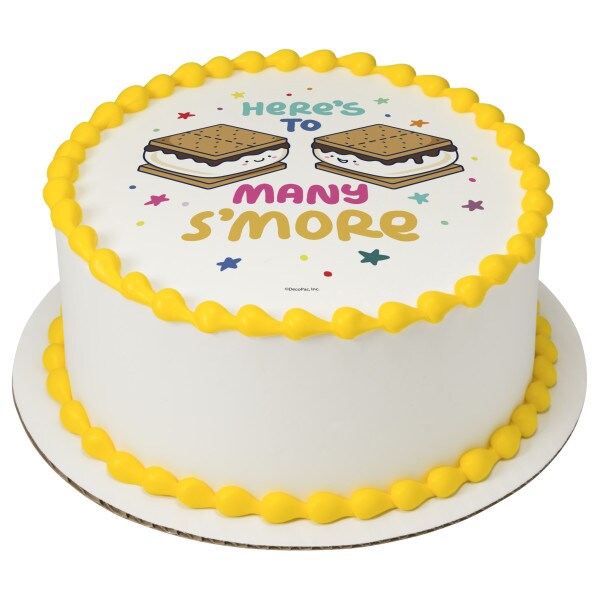 Here&#x2019;s to Many S&#x2019;more Edible Cake Topper Image 7.5&#x22; Round