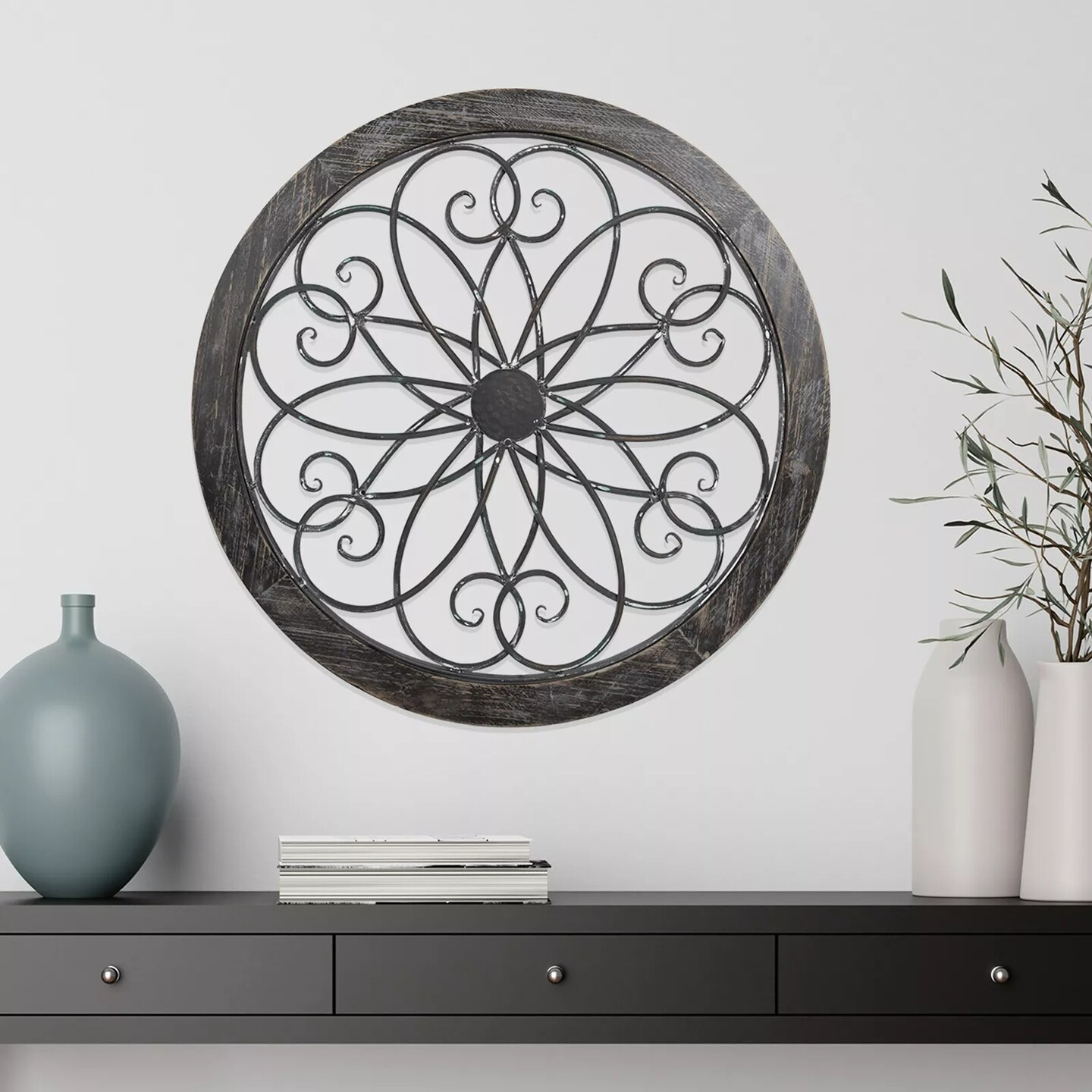 Medallion Metal Wall Art- 24 Inch Round Iron Scrollwork, Flower &#x26; Wood