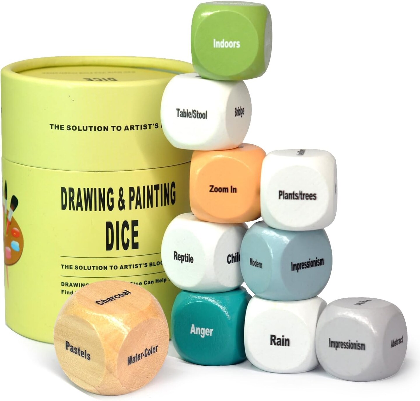 Drawing and Painting Art Dice Game for Artists, Teachers, and Students, A Solution to the Artist's Bottleneck, Set of 10 Wooden Dice for Creative Inspiration in the Studio and Classroom - Gift for Artists.