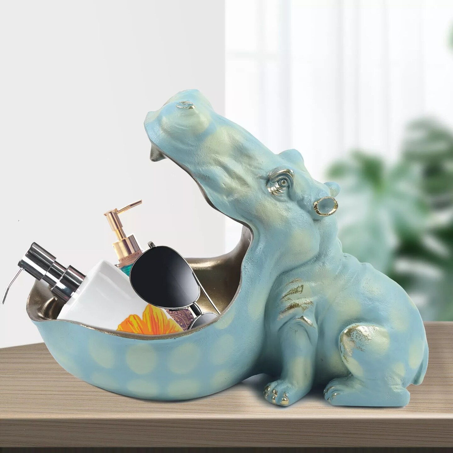 Resin Hippopotamus Figurine Sculpture Hippo Statue Container Home Table Decor