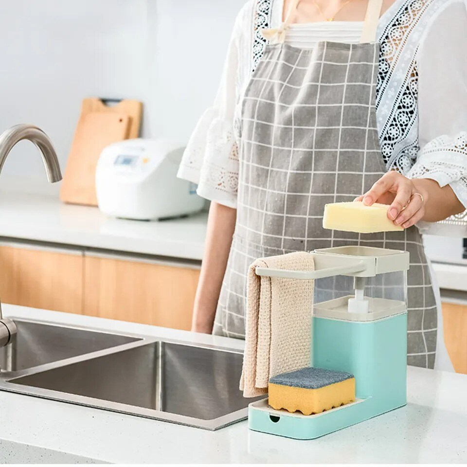 4 in 1 Dish Soap Dispenser Sink Pump Sponge Caddy Countertop Rack for Kitchen