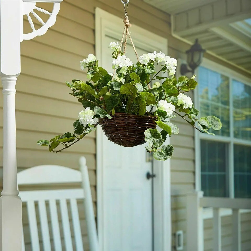 Faux Flower Hanging Basket White Geranium Patio Indoor Garden Lifelike Decor
