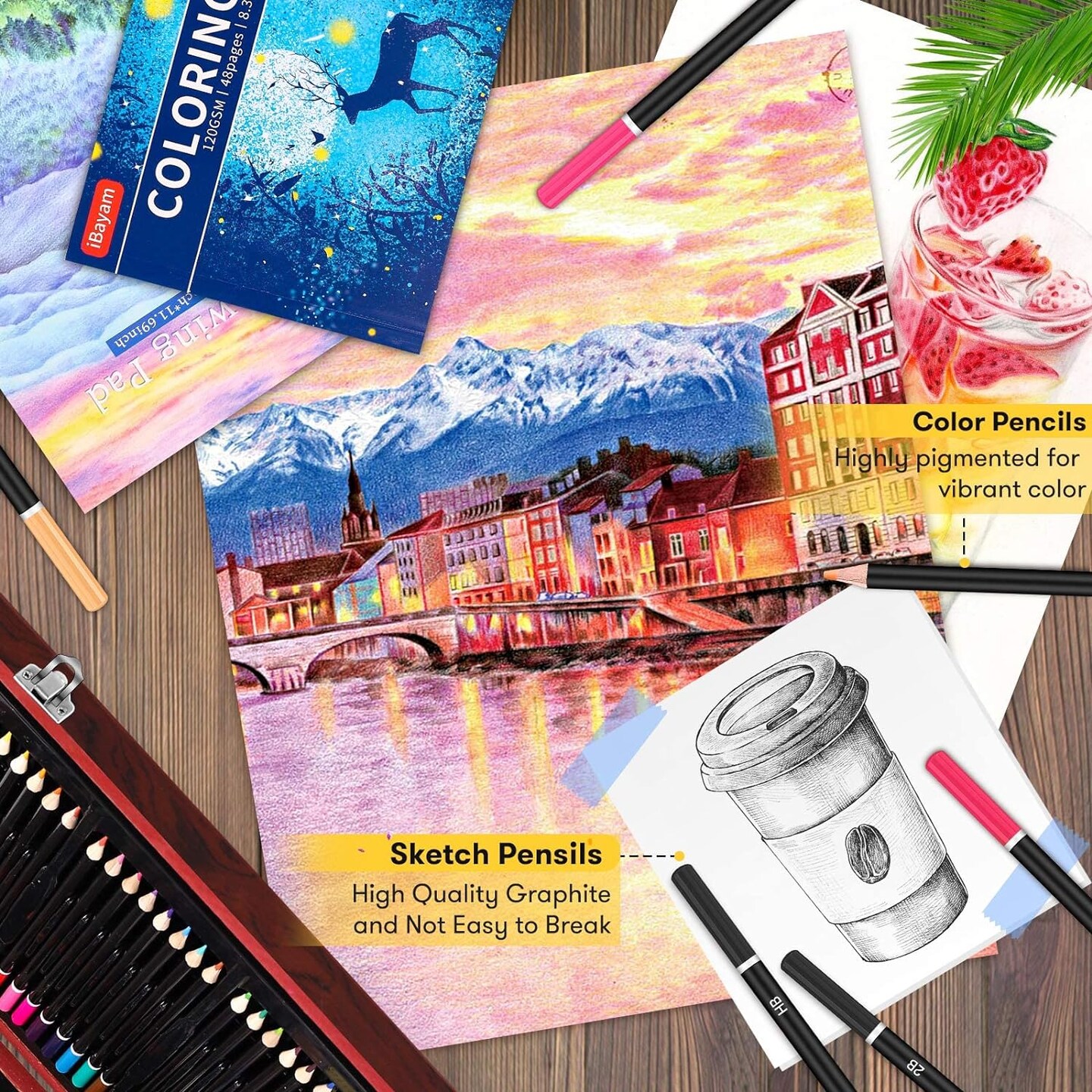 Art Supplies: 150-Pack Deluxe Wooden Art Set Crafts Drawing Painting Kit with 1 Coloring Book, 2 Sketch Pads, and Creative Gift Box for Adults Artists: Beginners, Kids, Girls, Boys