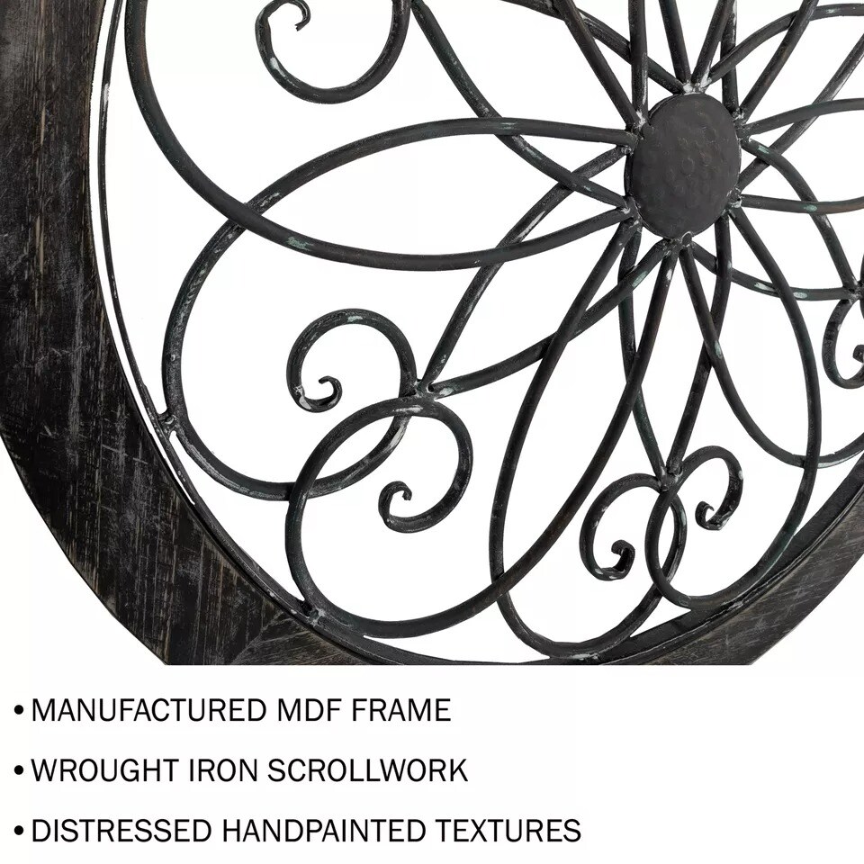 Medallion Metal Wall Art- 24 Inch Round Iron Scrollwork, Flower &#x26; Wood