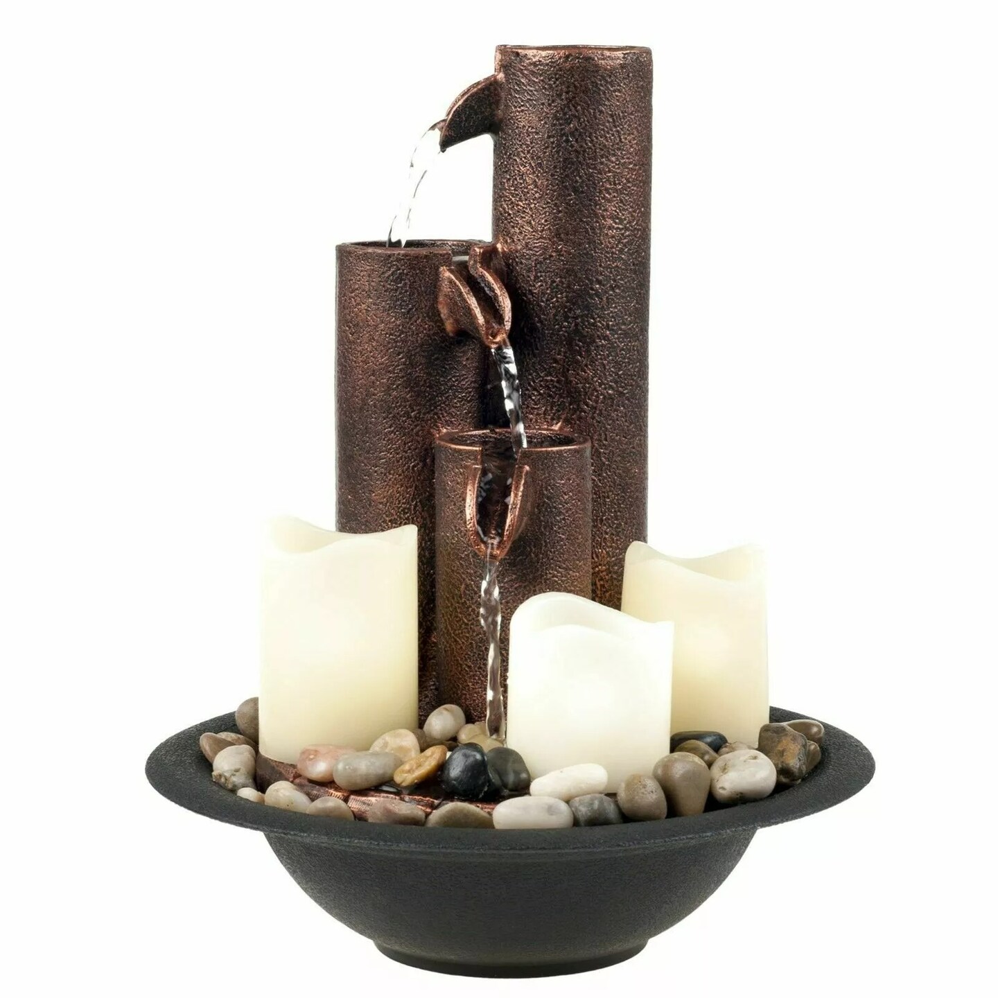 Table Top Faux Copper Pipe Column Electric Water Fountain with LED Candles