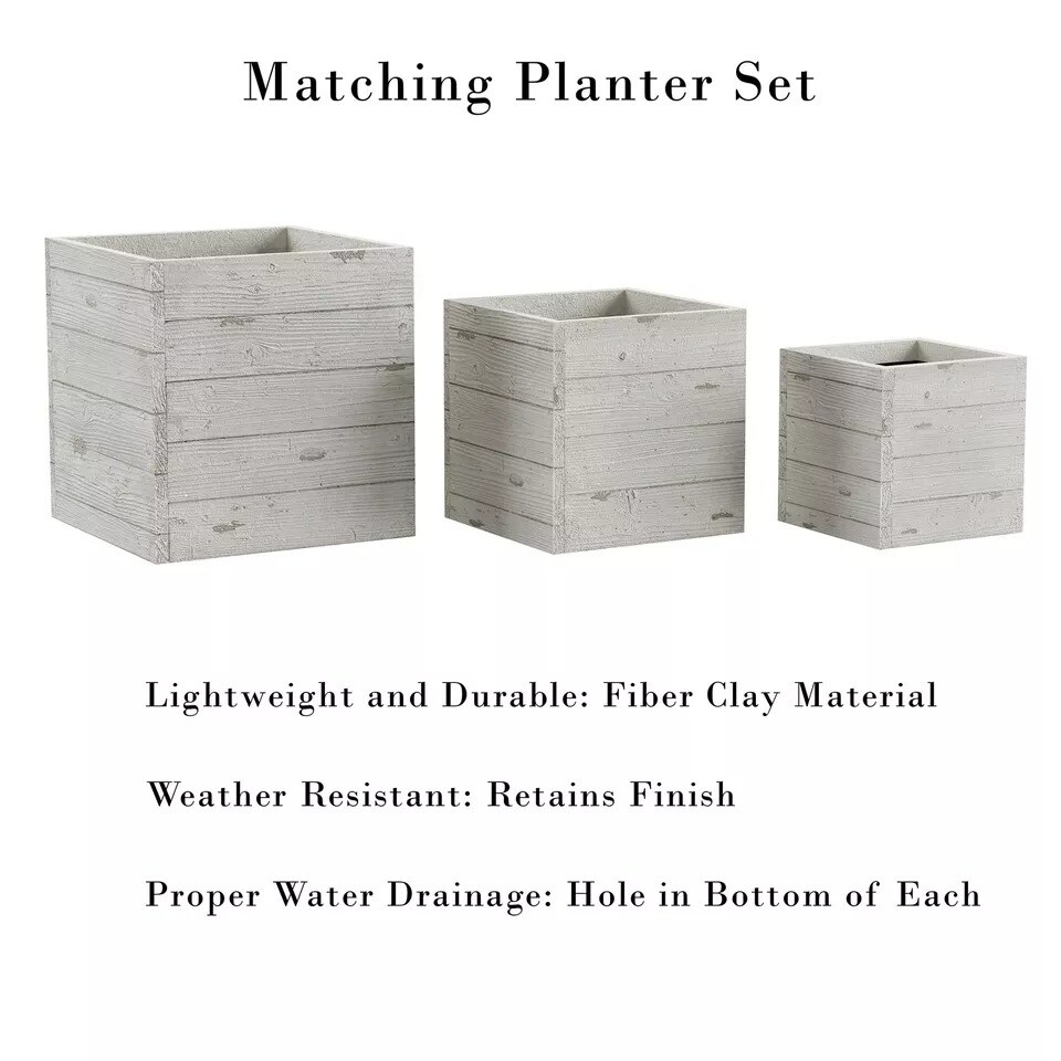 Square Fiber Clay Planter Set 3-Piece Varying Height Rustic Wood Look Pots