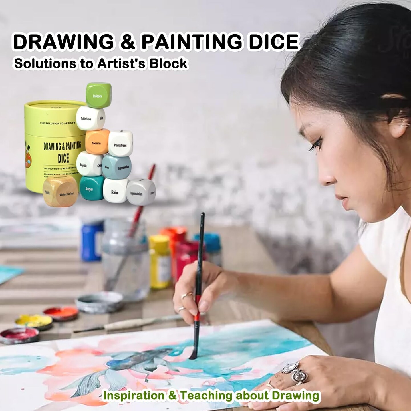 Drawing and Painting Art Dice Game for Artists, Teachers, and Students, A Solution to the Artist's Bottleneck, Set of 10 Wooden Dice for Creative Inspiration in the Studio and Classroom - Gift for Artists.