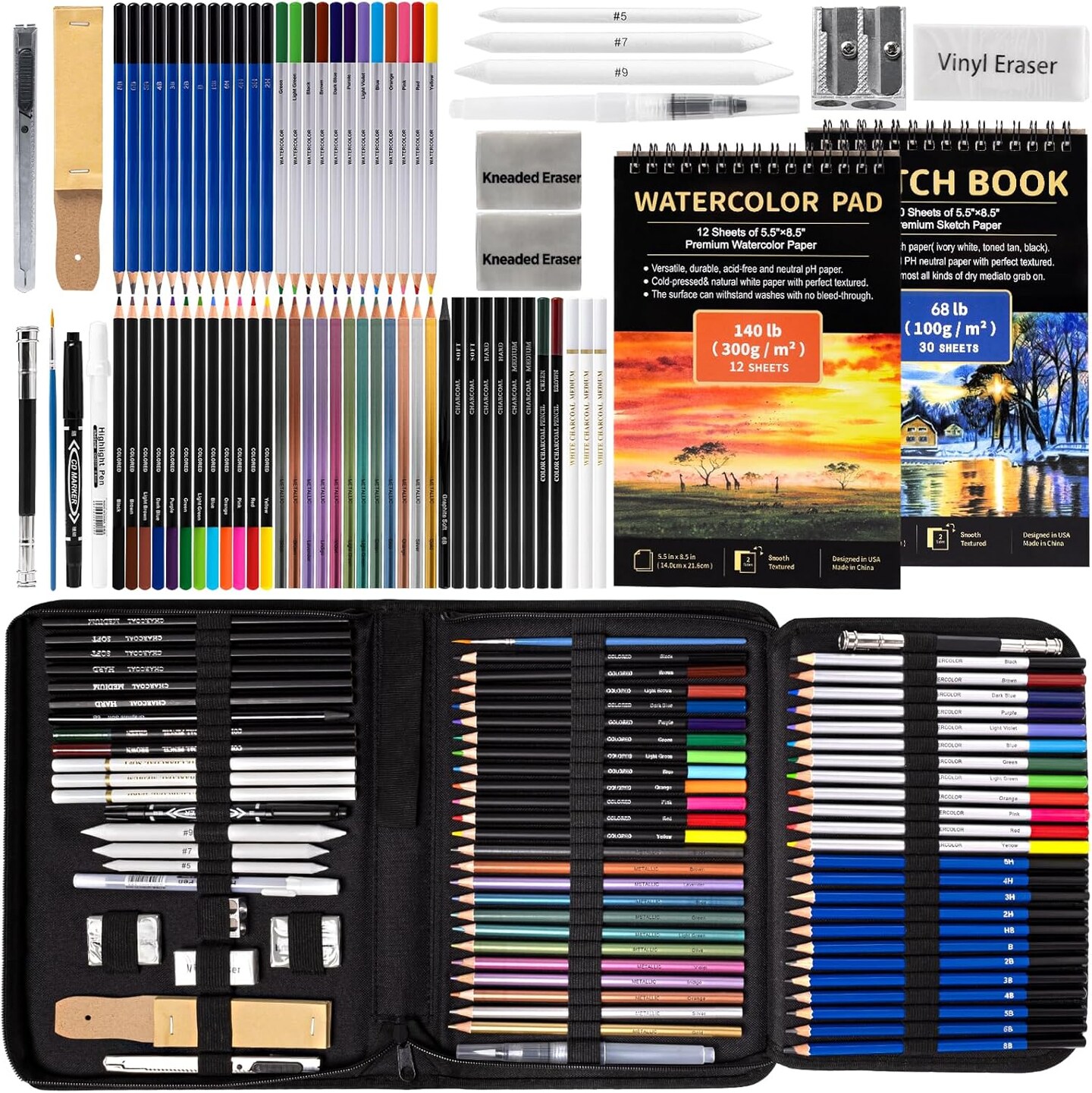 Art Supplies Drawing Pencils Set - 76 Pack Pro Sketching Kit with Sketchbook and Watercolour Pad, Includes Graphite, Charcoal, Watercolour, and Metallic Pencils for Kids, Teens, and Adults.