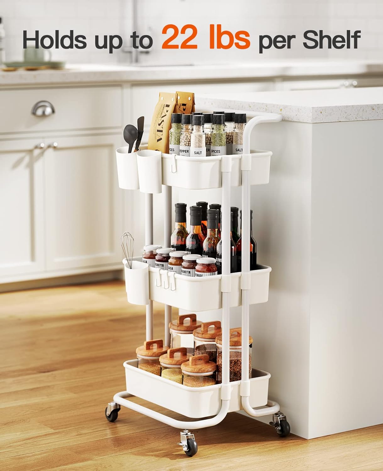 3-Tier Rolling Cart with Wheels - Rolling Storage Cart with Hanging Cups and Hooks - Mobile Utility Cart for Office, Kitchen, and Craft Room - Art &#x26; Craft Organiser, White, PIUC06W