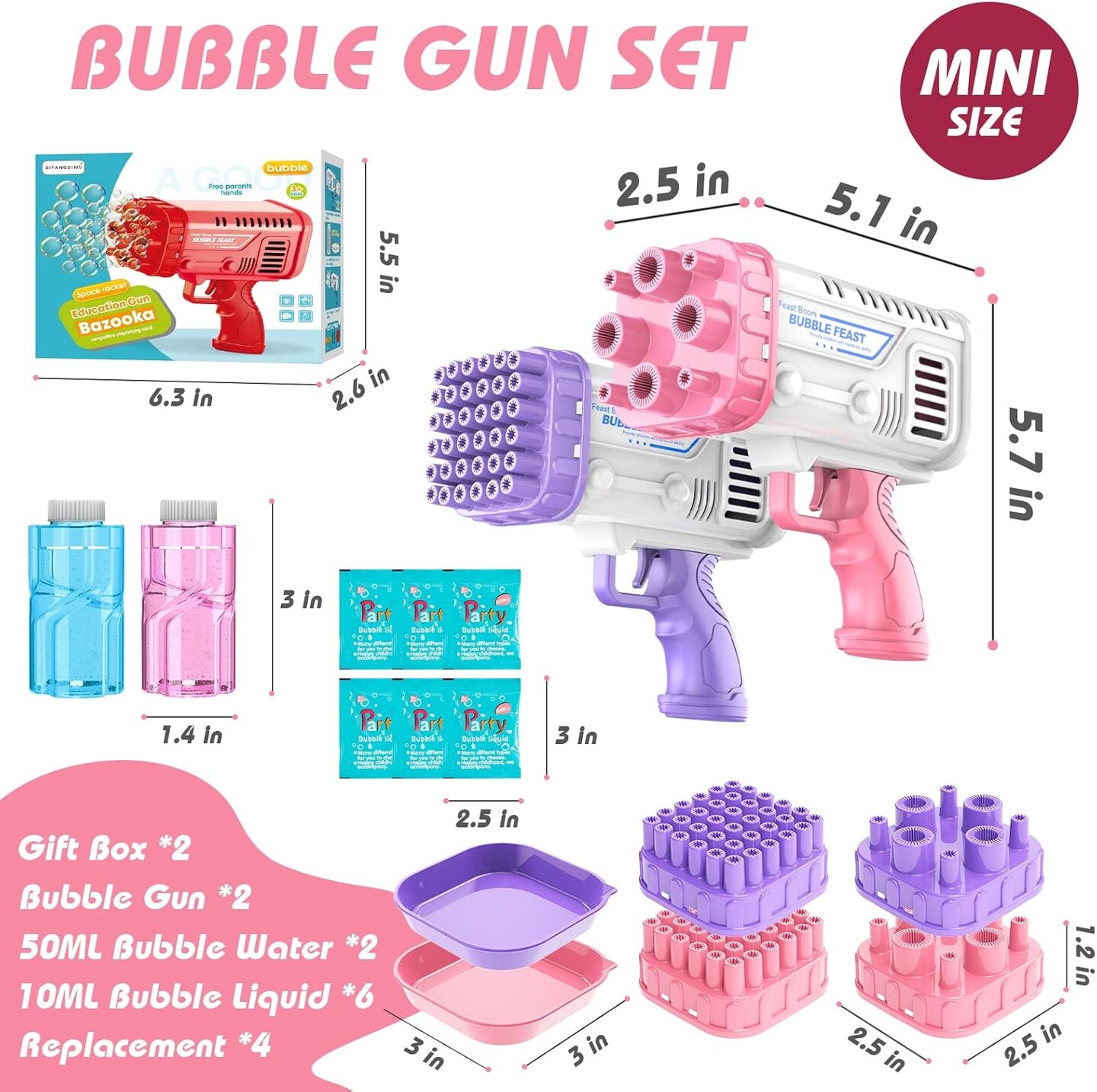 2-Pack Mini Bubble Machine Gun, 36 Holes Bubble Bazooka Gun Toy Blaster for Toddlers 3+ and Kids, Bazooka Bubble Gun with Bubble Solution for Outdoor, Party, Birthday, Wedding (Pink and Purple)