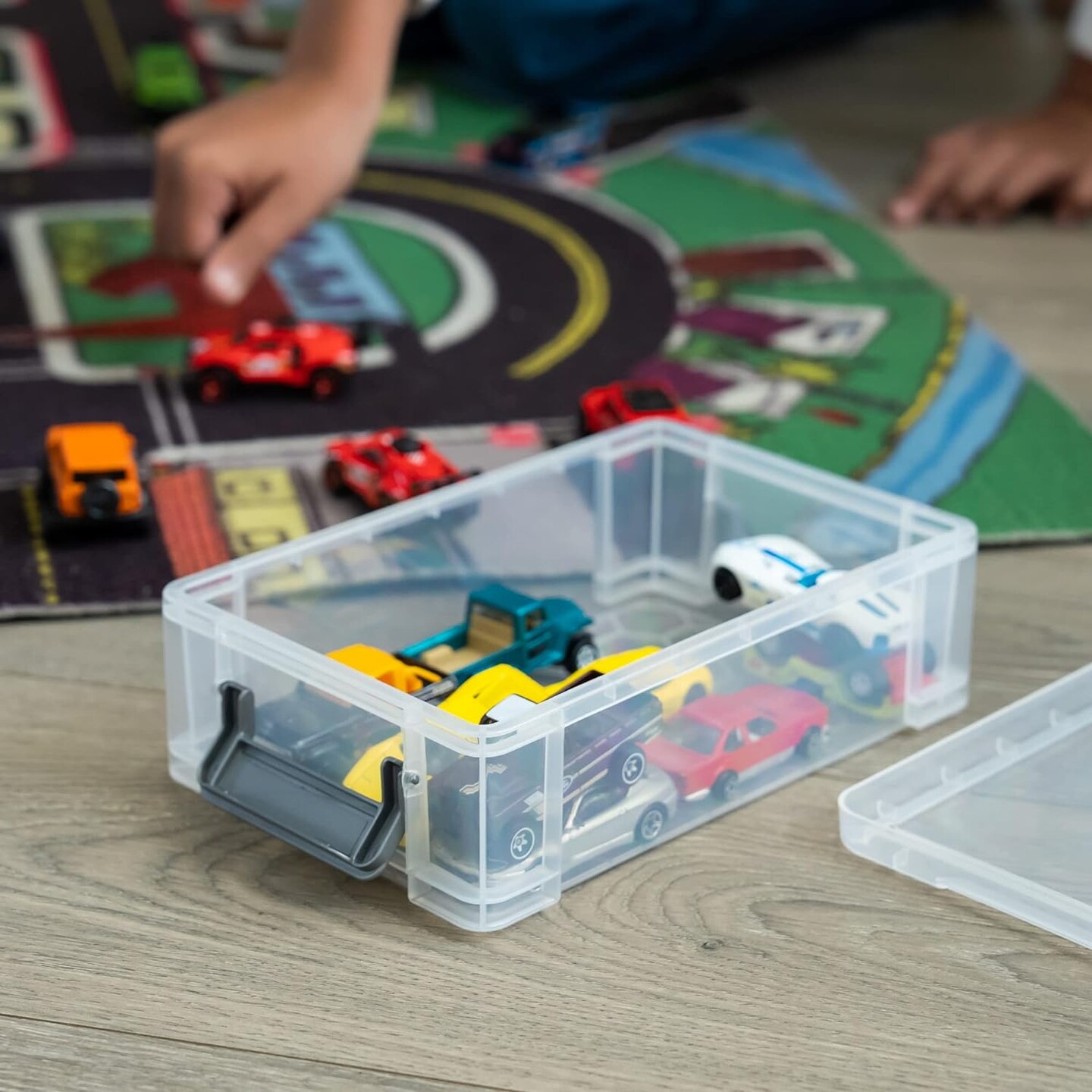 Grey Clips, 2 Pack, Extra Large Pencil Box. Pencils, rulers, art supplies, markers, and crayons are all organized in stackable storage bins. Lid-equipped transparent plastic containers.