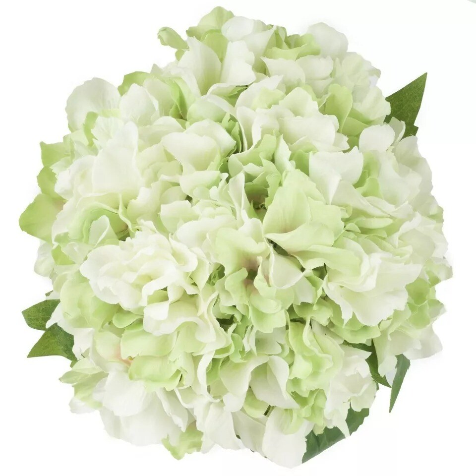 Floral Centerpiece in Glass Vase Hydrangea Artificial Flowers with Leaves Faux