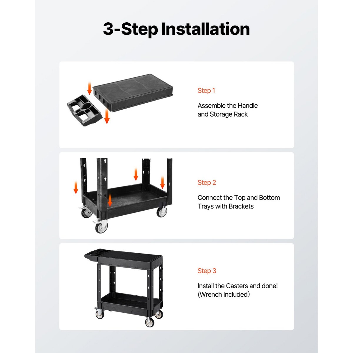 Black Heavy-Duty 2-Shelf Utility Cart with Tool Storage Lockable Wheels and Large Metal Frame
