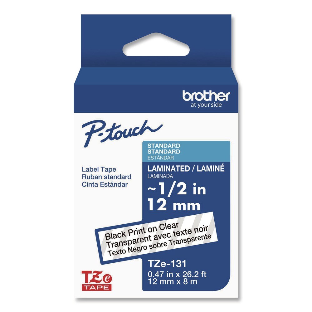 Brother P-Touch 0.47 in. x 26.2 ft. TZe Standard Adhesive Laminated Labeling Tape - Black on Clear