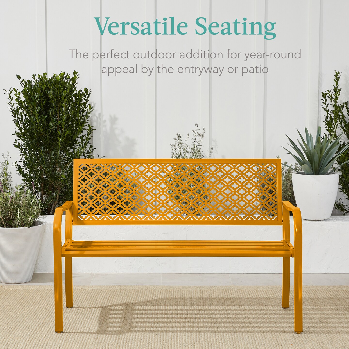 Best Choice Products Indoor Outdoor Steel Garden Bench w/ Geometric Backrest, Foot Levelers