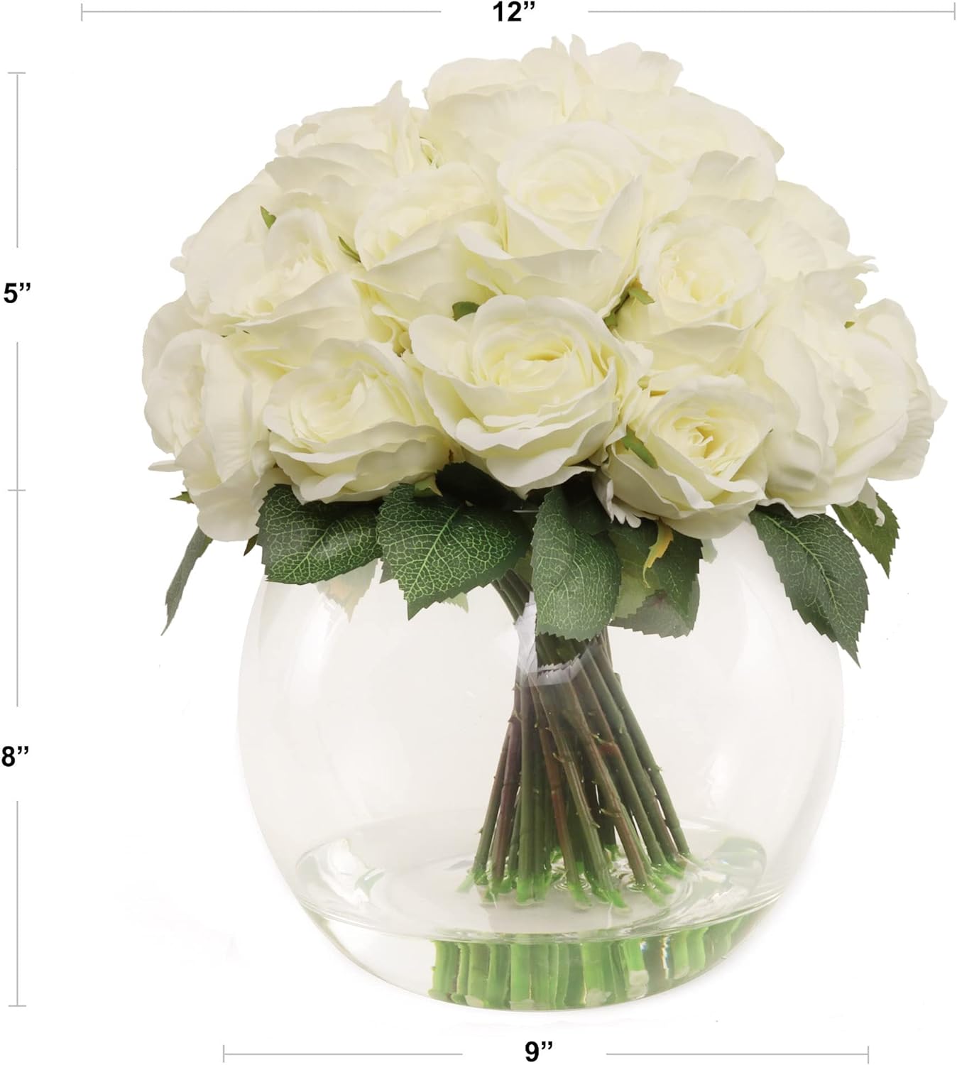 White Rose Arrangement in Faux Water Look Glass Vase - Lifelike Floral Accent for Home Décor & Special Occasions - Timeless Elegance, Floral Home by Artificial Flowers