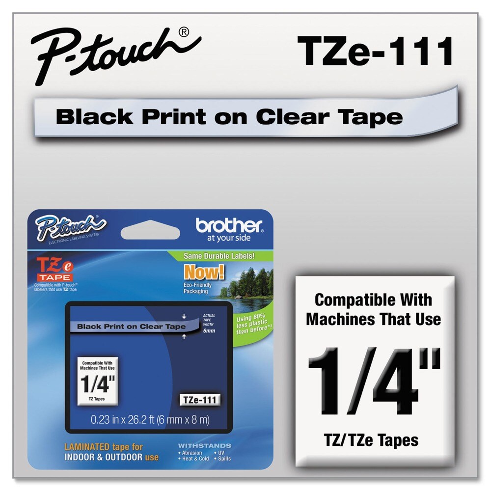 Brother P-Touch 0.23 in. x 26.2 ft. TZe Standard Adhesive Laminated Labeling Tape - Black on Clear