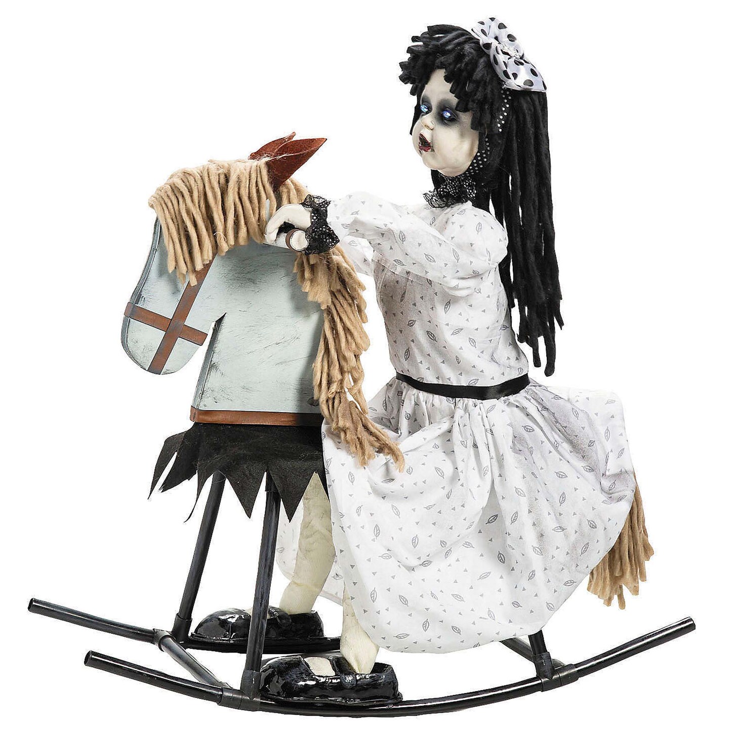 Life Size Girl on Wooden Rocking Horse Halloween Decoration