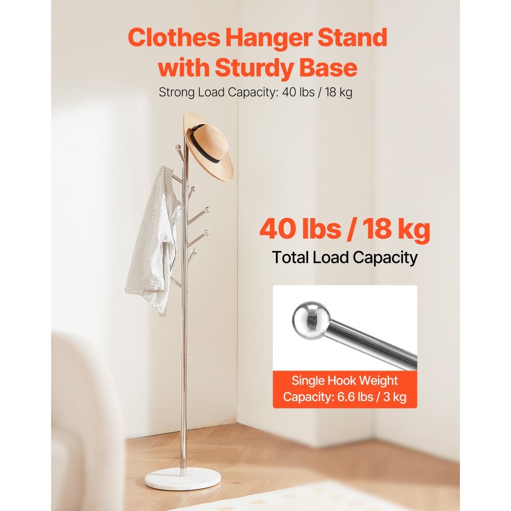 Modern Freestanding Coat Hanger Rack with 8 Hooks and Stainless-Steel Rod with Marble Base