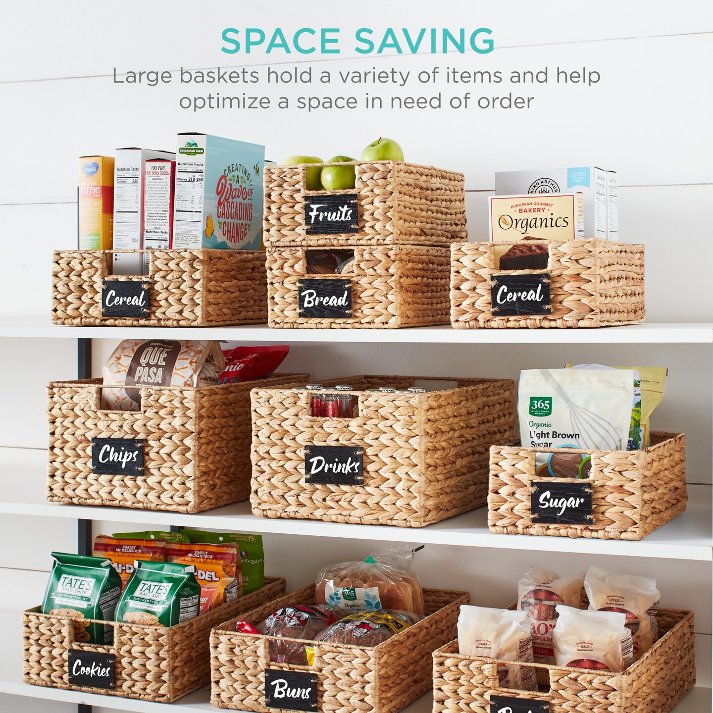 Best Choice Products Set of 2 16in Woven Water Hyacinth Pantry Baskets w/ Chalkboard Label, Chalk Marker