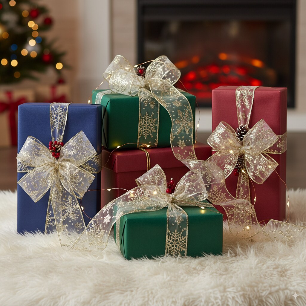 2 1/2" Wired Ribbon Glitter Snowflakes Sheer Ivory/Gold - 10 Yards