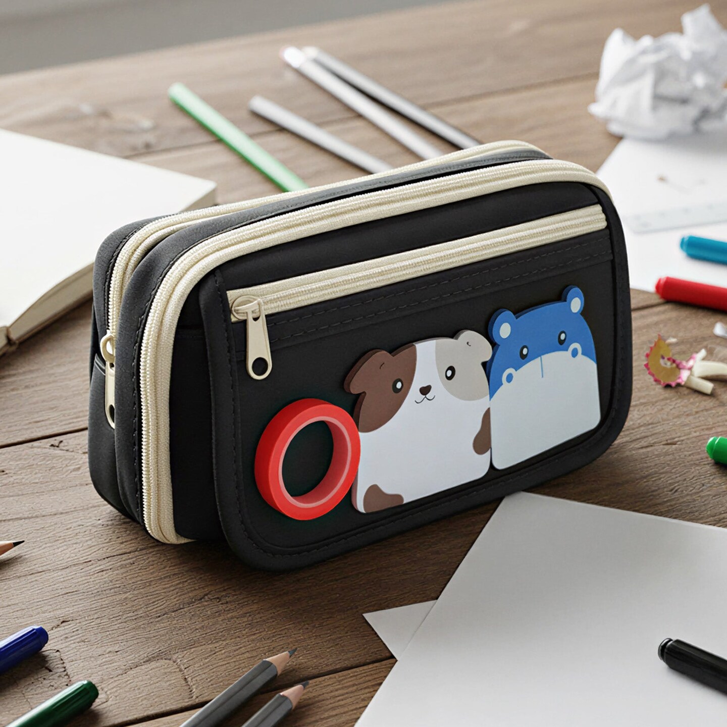 Wrapables 9-Layer Large Capacity Pencil Case with Transparent Compartment, Organizer Pouch for Stationery Tools, Makeup, and Travel, Black