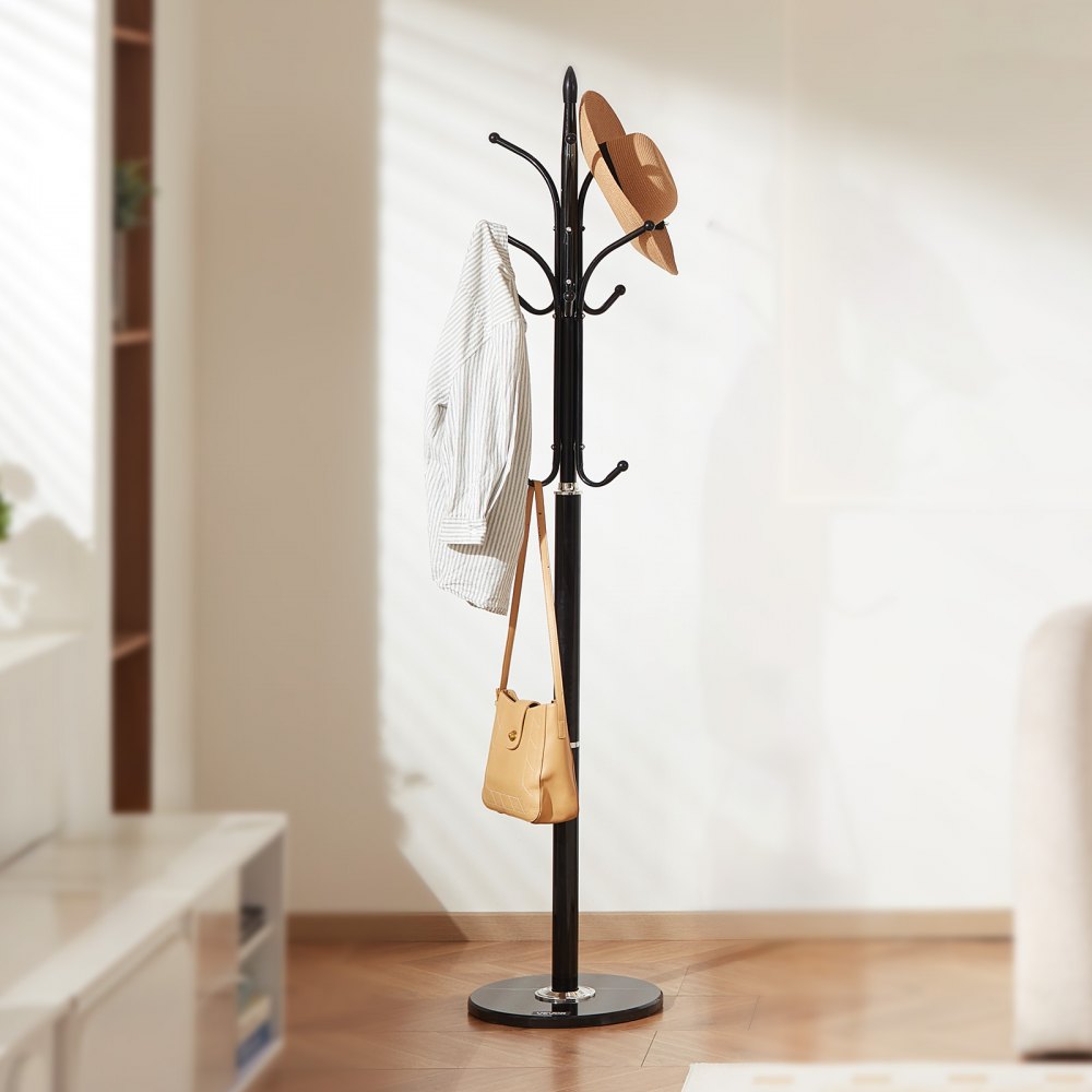 Black Freestanding Carbon Steel Coat Rack with Marble Base and 6 Hooks for Entryway Use