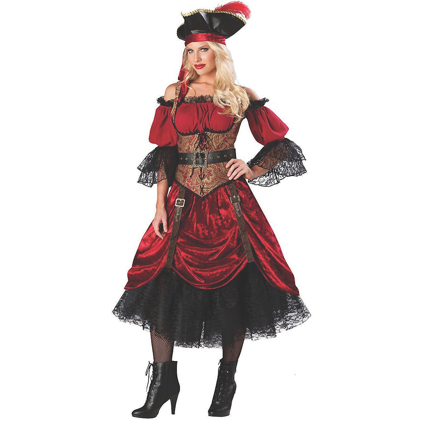 Women&#x27;s Pirate Costume Swashbucklin Scarlet Dress with Vest Petticoat Belt and Hat