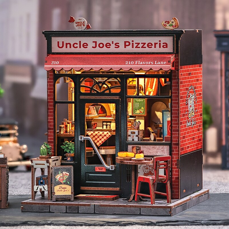 Uncle Joe&#x27;s Pizzeria Dollhouse Kit - Miniature Wizardi Roombox Kit with LED Light F07M51-92-CWGC210