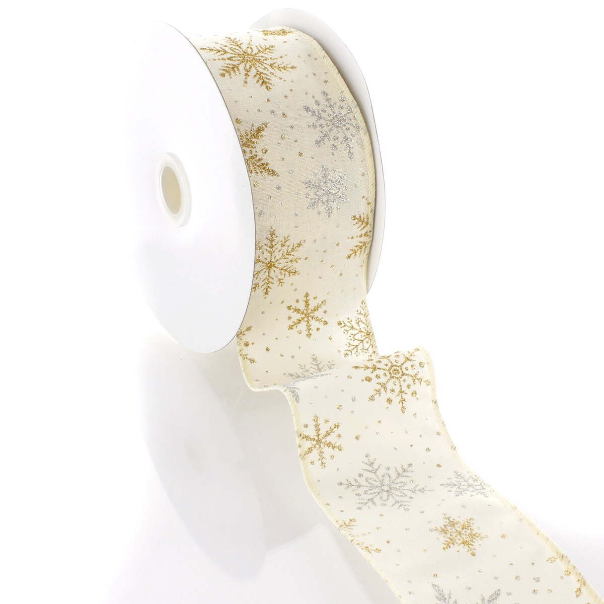 2 1/2" Wired Ribbon Gold/Silver Glitter Snowflakes Cream - 10 Yards