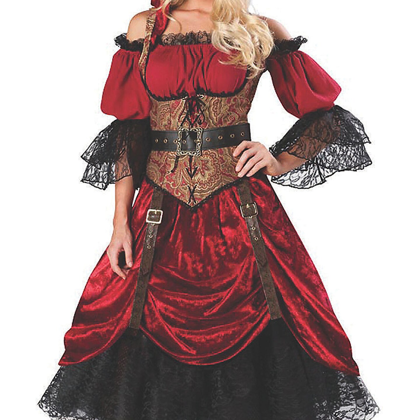 Women&#x27;s Pirate Costume Swashbucklin Scarlet Dress with Vest Petticoat Belt and Hat
