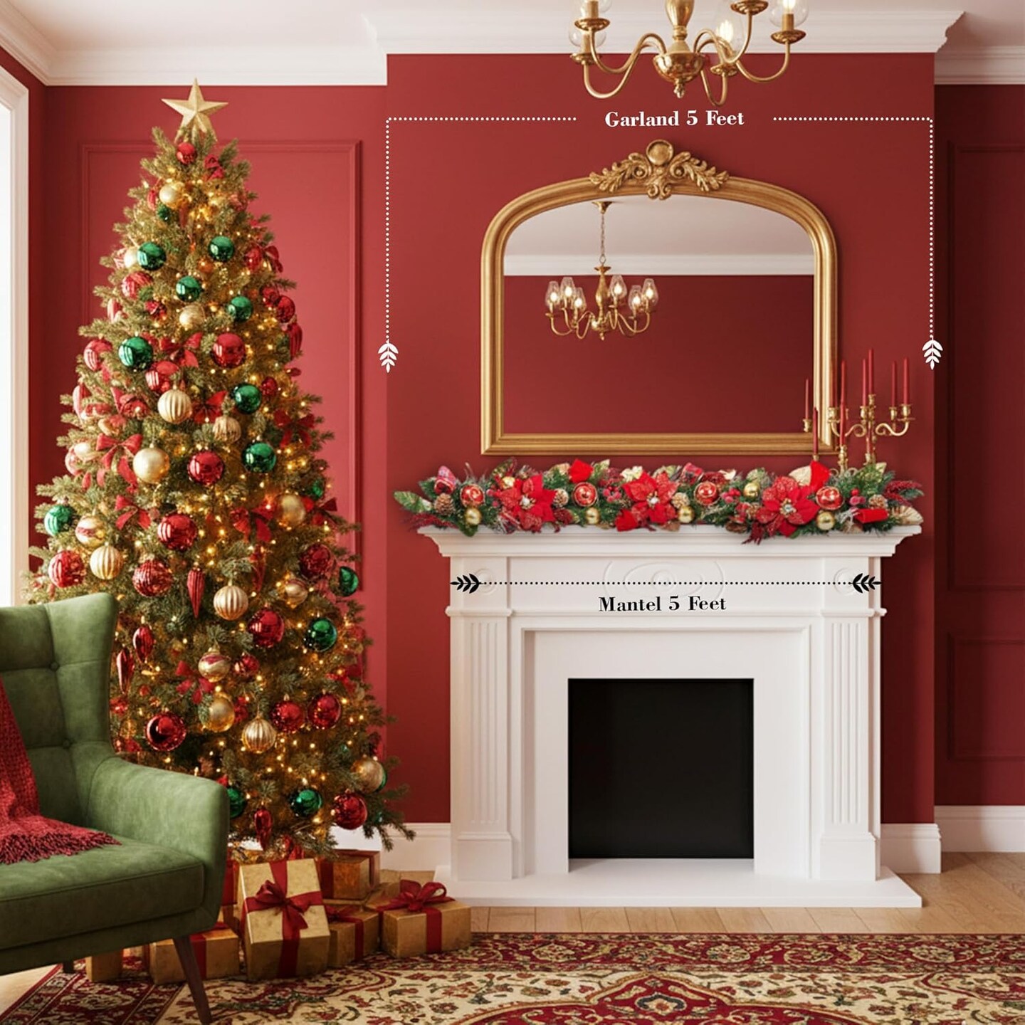 Poinsettia Garland - Red - Christmas Decorated Garland