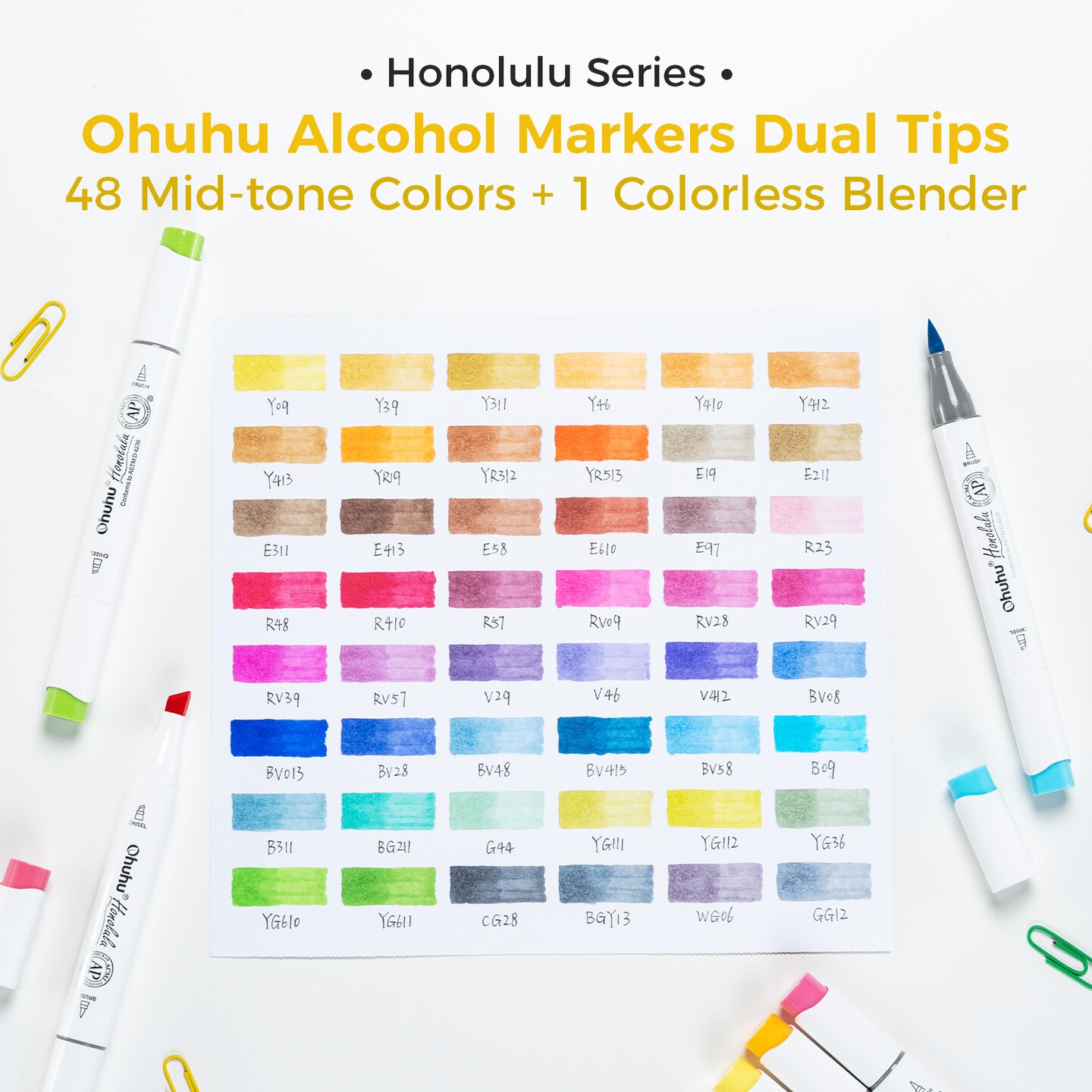 Ohuhu Honolulu 48 Mid-tone Colors Alcohol-Based Markers - Dual Tip Brush & Chisel