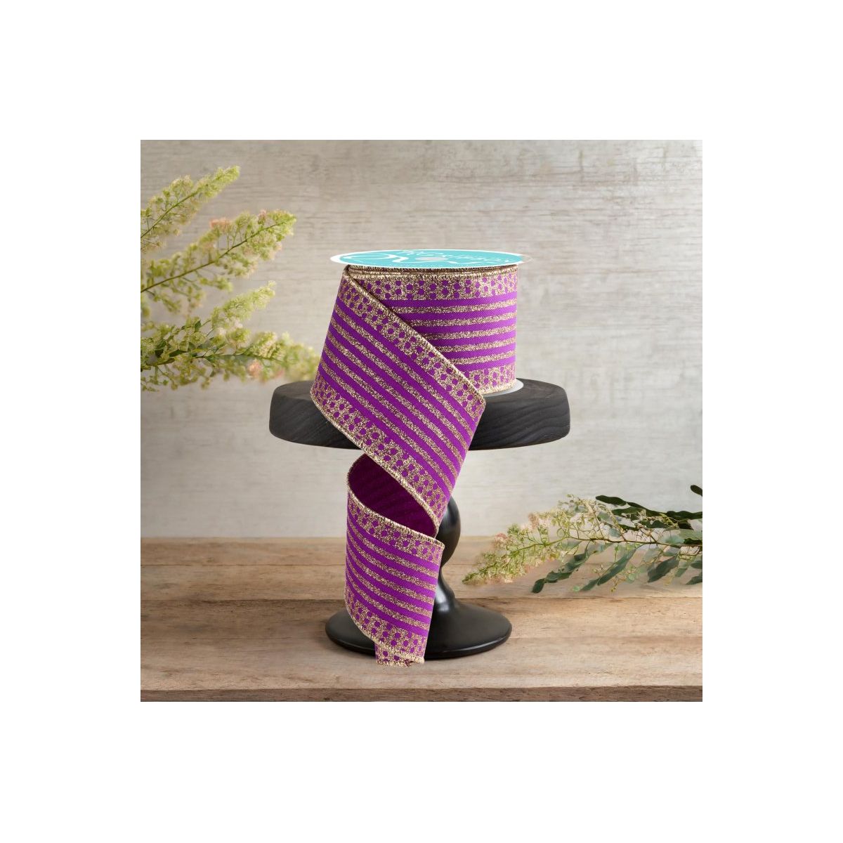 2.5&#x22; Vertical Stripe Polka Dot Edge Ribbon: Purple/Gold