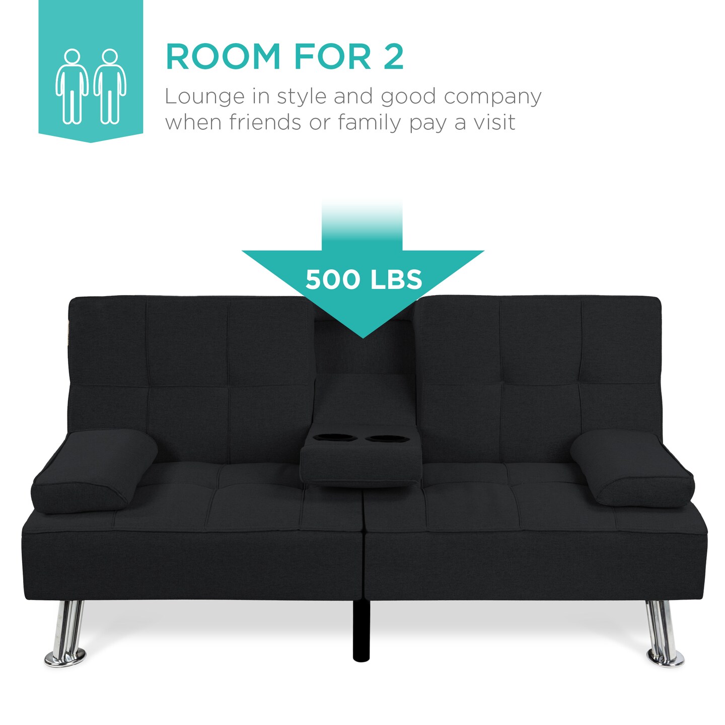 Best Choice Products Modern Linen Convertible Futon Sofa Bed w/ Removable Armrests, Metal Legs, Cupholders