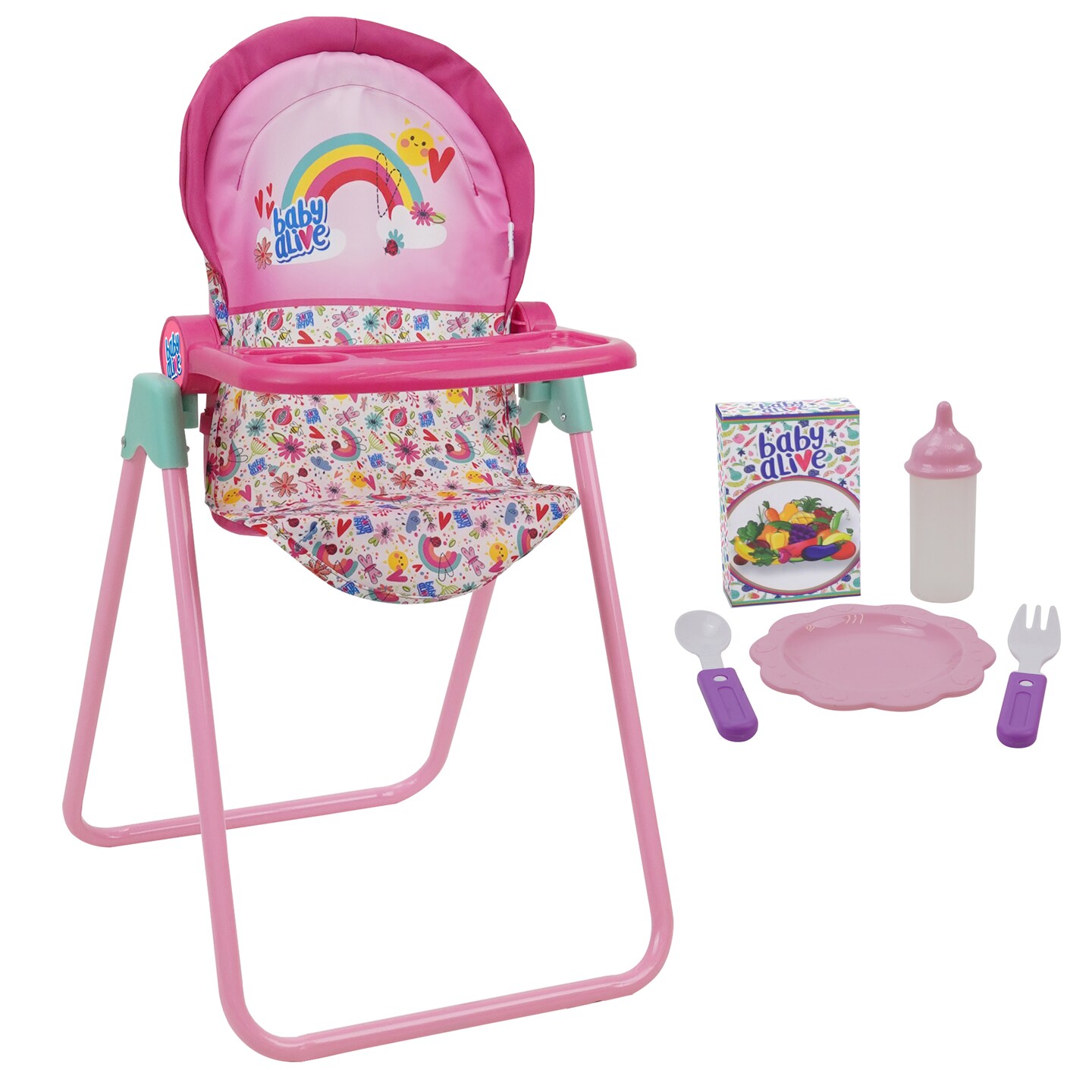 Baby Alive: Doll Highchair Set - Pink &#x26; Rainbow - 6 Pieces, Fits Dolls Up to 24&#x22;, Highchair w/ Front Feeding Tray &#x26; 5 Feeding Accessories, For Dolls Plushes &#x26; Stuffed Animals, Pretend Play