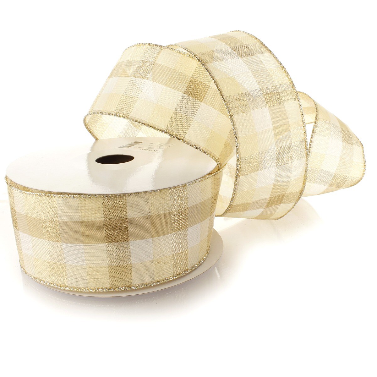 2 1/2&#x22; Wired Ribbon Cream/Gold Shimmer Plaid 10 Yards