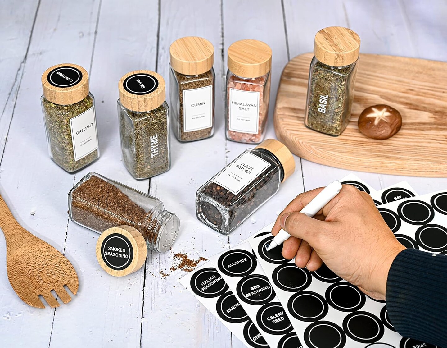 Glass Spice Jars with Label Set, Bamboo Lids &#x26; Funnel - Kitchen Airtight Storage Jars with Lids - Spices and Seasonings Sets Organizer, Spice Glass Jar with Lid Food Canister Bottle Sugar Shaker