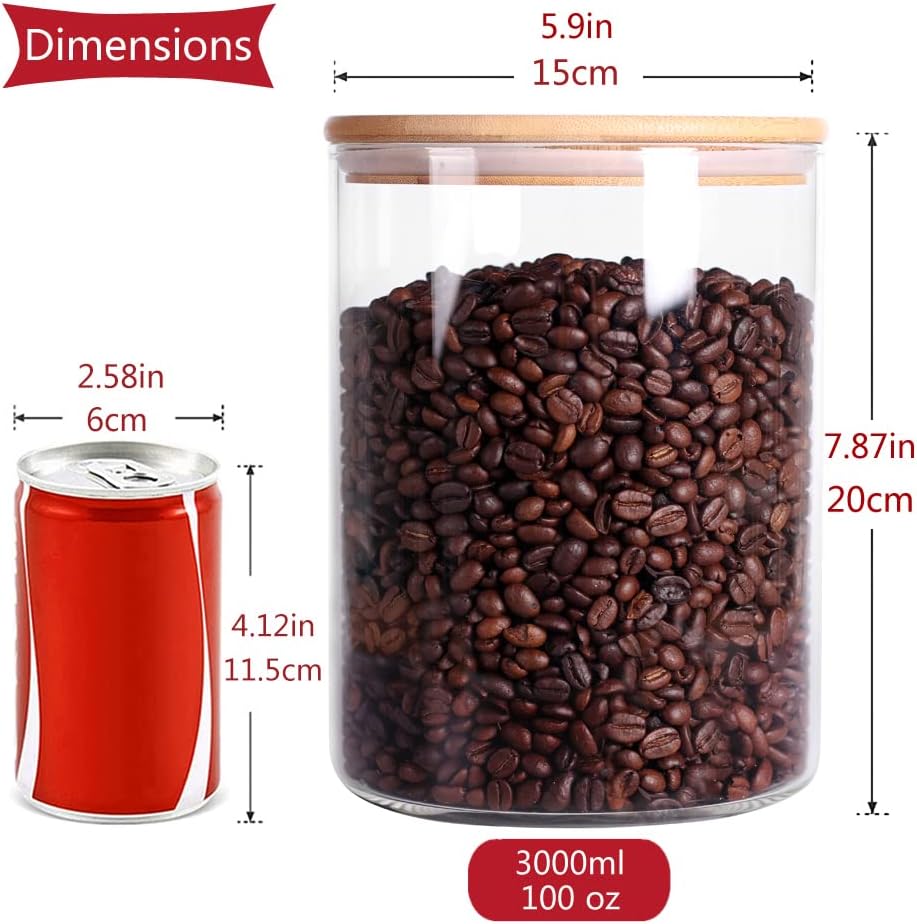 Set of 2 Glass Flour Containers, 3L with Airtight Bamboo Lids for Food Storage